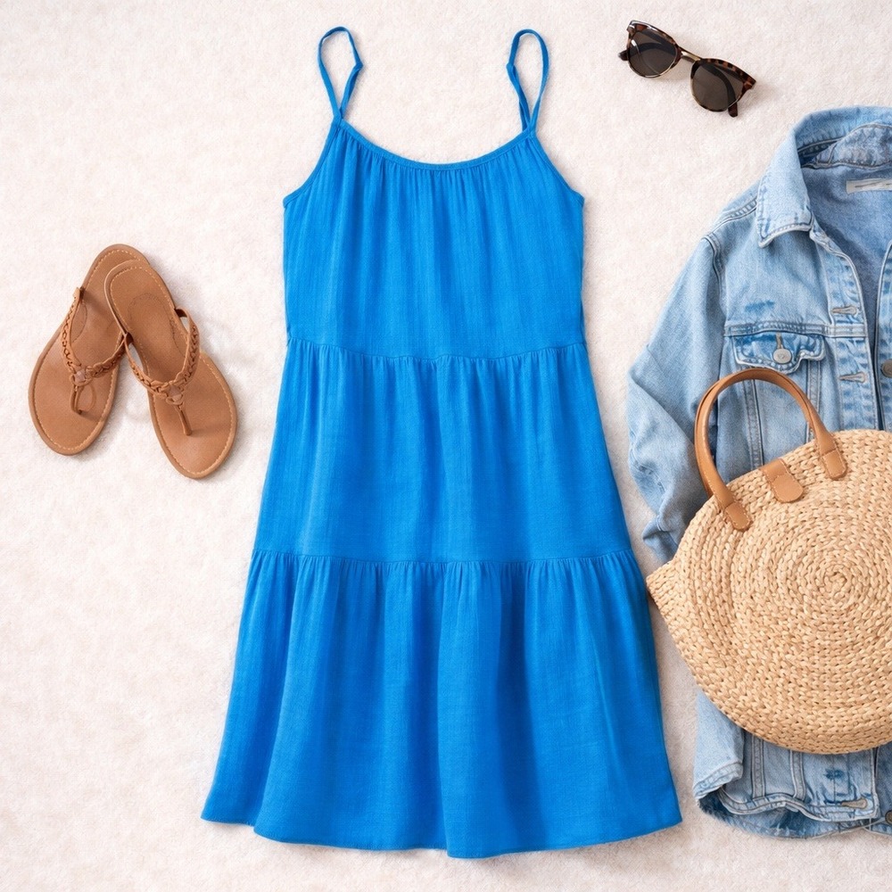 Blue‎ Tiered Mini Dress Spaghetti Strap Summer Casual Pockets XXL